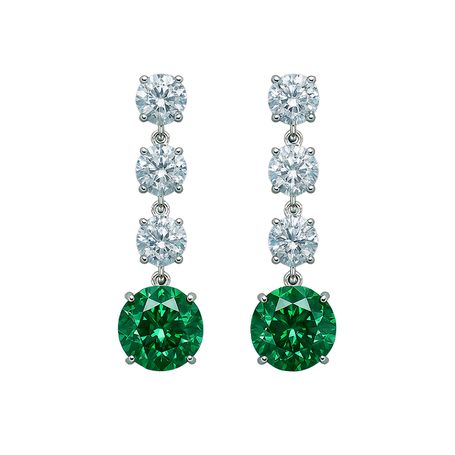 Pair of earrings with green gemstones and clear stones on a white background