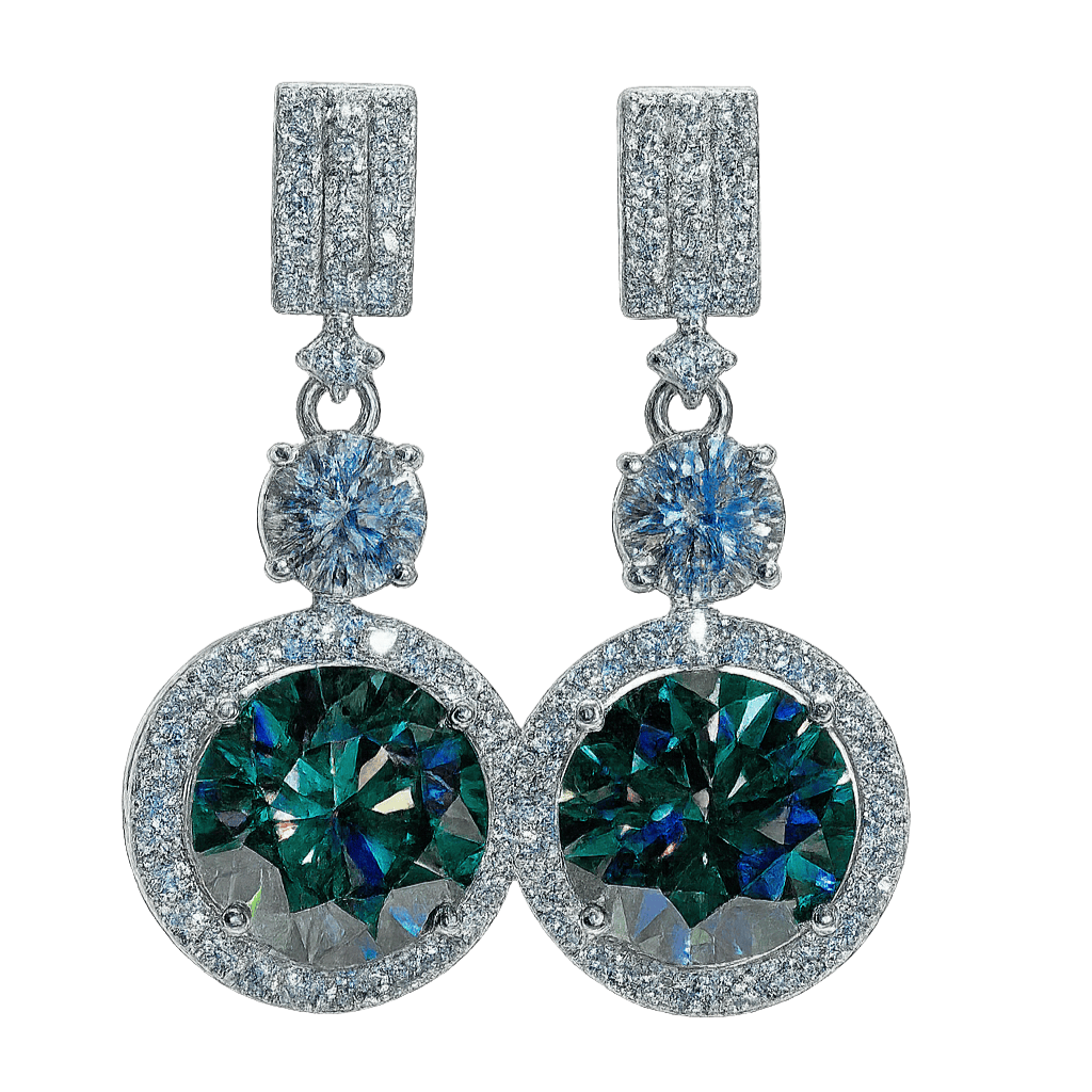 Pair of earrings with green gemstones and silver accents on a white background