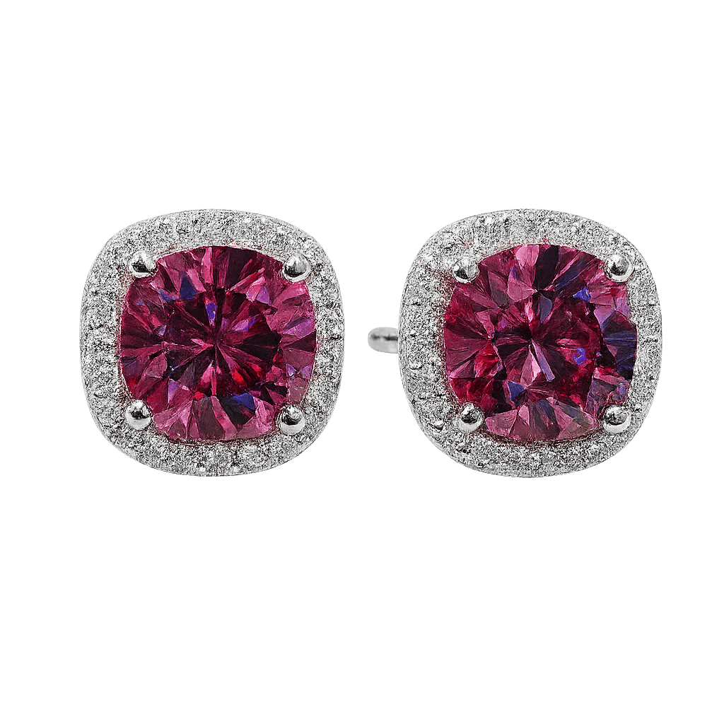 Pair of earrings with pink gemstones and silver accents on a white background