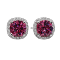 Pair of earrings with pink gemstones and silver accents on a white background