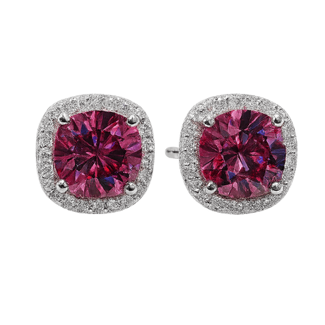 Pair of earrings with pink gemstones and silver accents on a white background