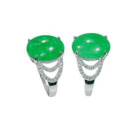 Pair of green gemstone rings with silver bands on a transparent background