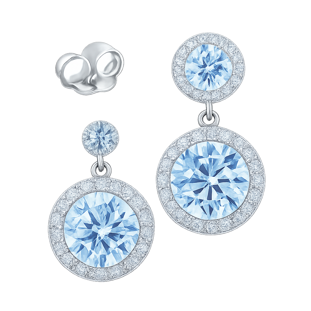 Pair of silver earrings with blue gemstones on a white background