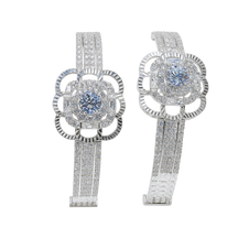 Pair of silver earrings with gemstones on a white background