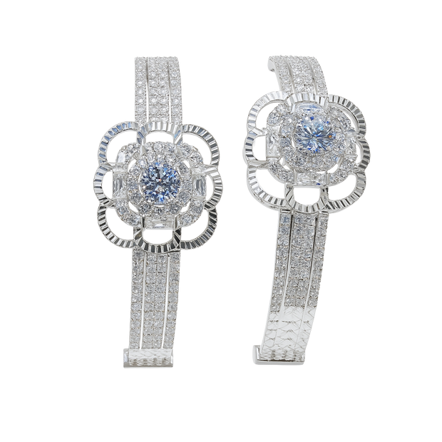 Pair of silver earrings with gemstones on a white background