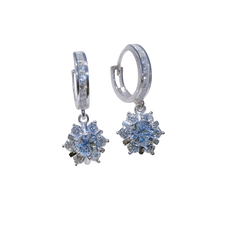Pair of silver earrings with clear gemstones on a white background