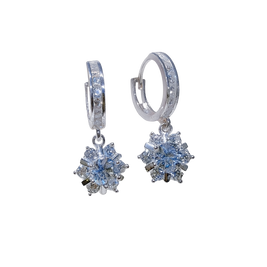 Pair of silver earrings with clear gemstones on a white background