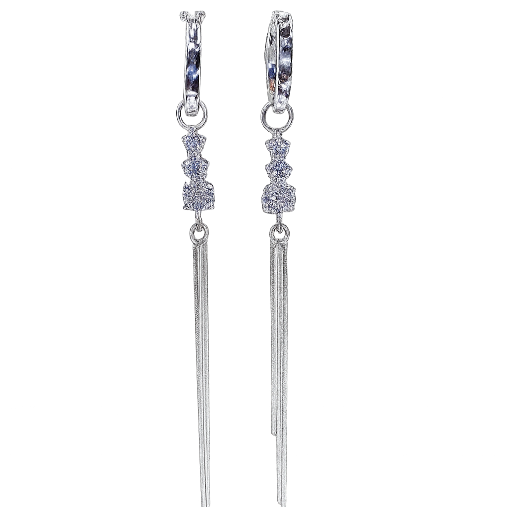 Pair of silver earrings with dangling elements on a white background