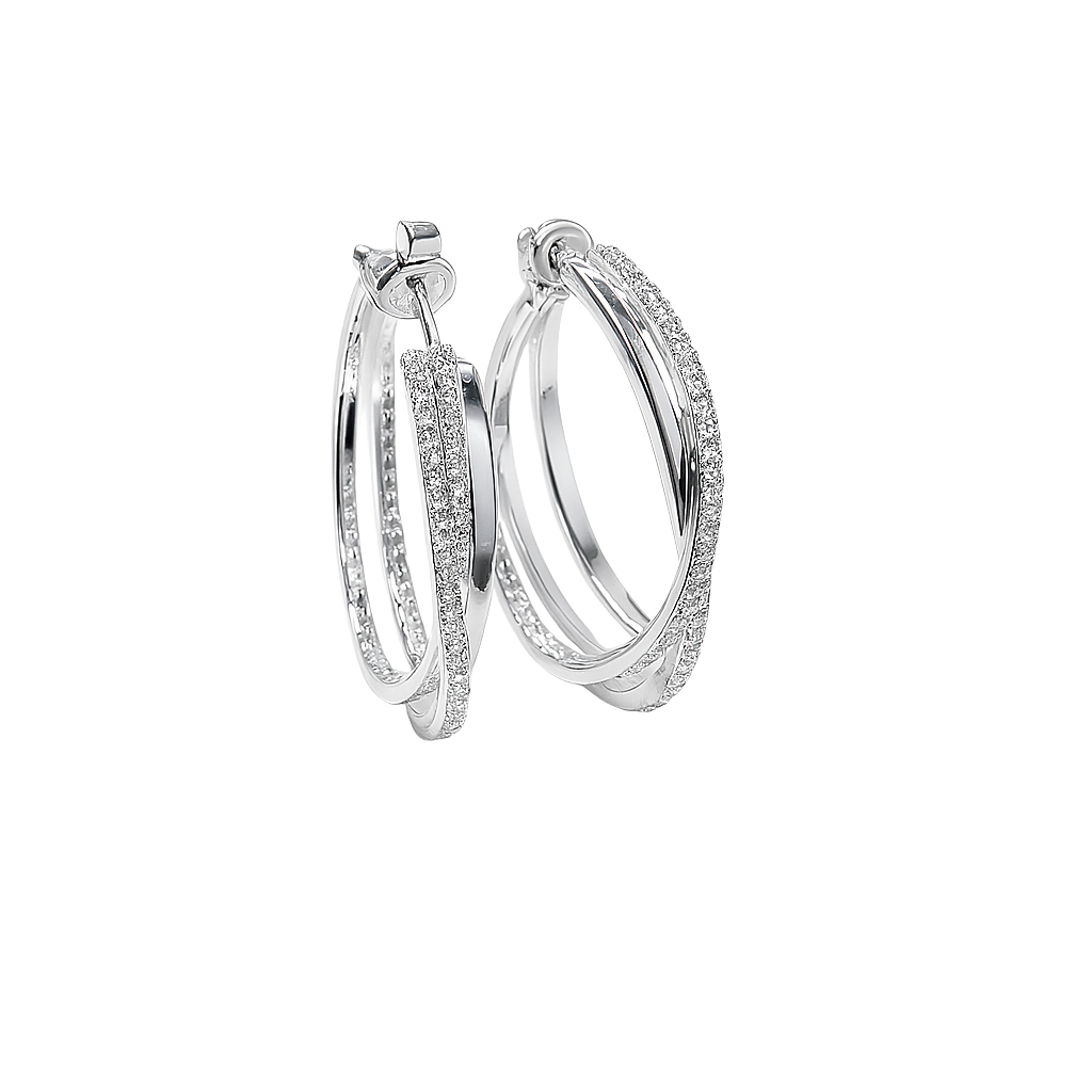 Pair of silver hoop earrings with embedded stones on a white background