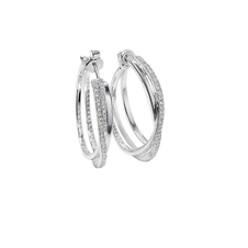 Pair of silver hoop earrings with embedded stones on a white background