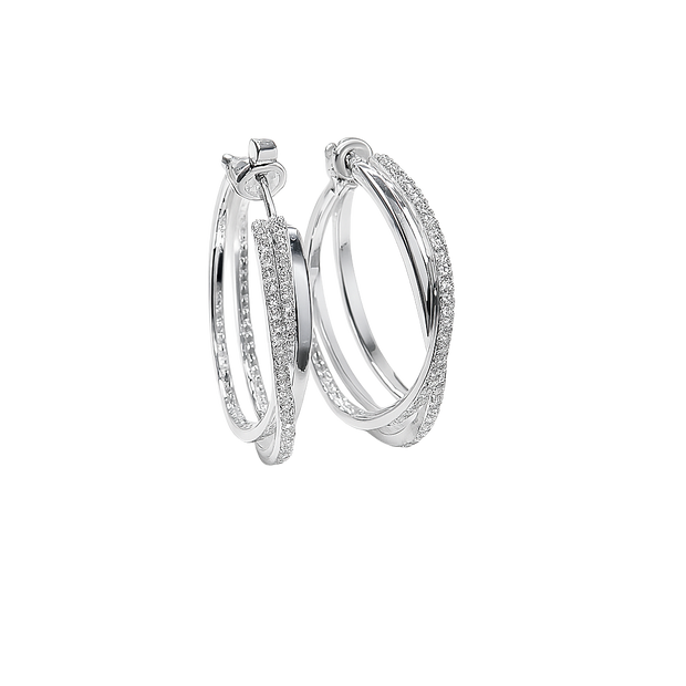 Pair of silver hoop earrings with embedded stones on a white background