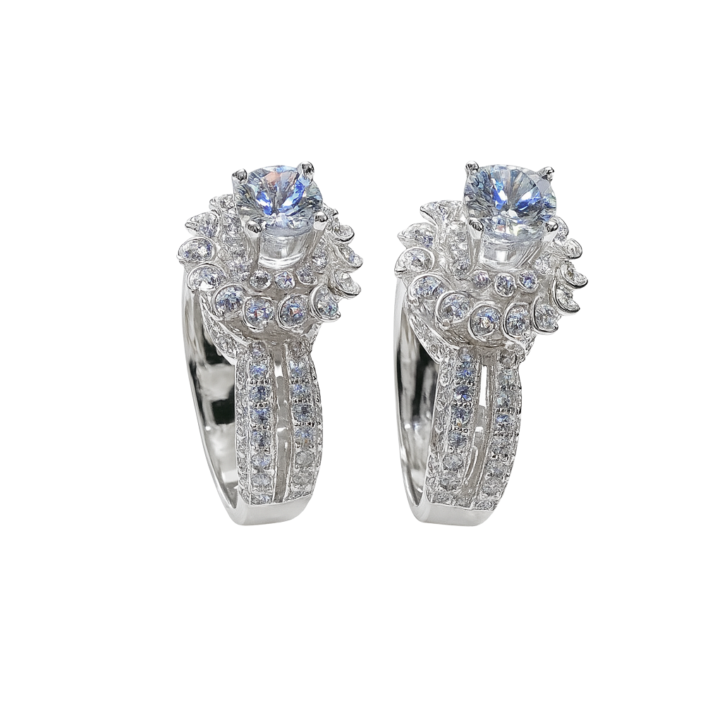 Pair of silver earrings with gemstones on a white background