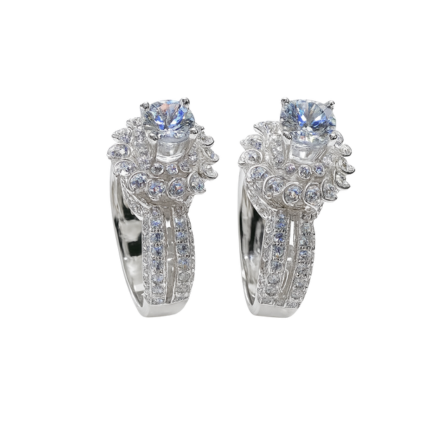 Pair of silver earrings with gemstones on a white background