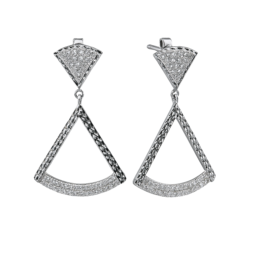Pair of silver triangle earrings on a white background
