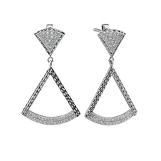 Pair of silver triangle earrings on a white background