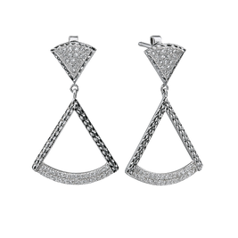 Pair of silver triangle earrings on a white background