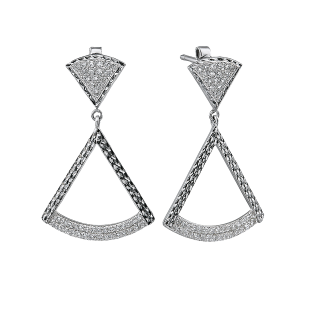 Pair of silver triangle earrings on a white background
