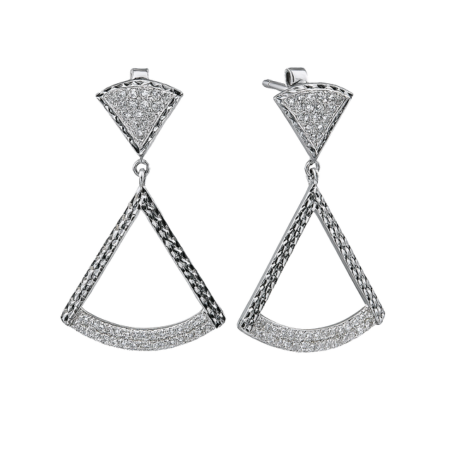 Pair of silver triangle earrings on a white background