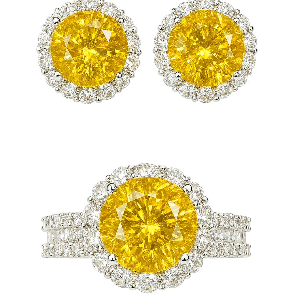 Pair of yellow gemstone earrings with silver halo on a white background