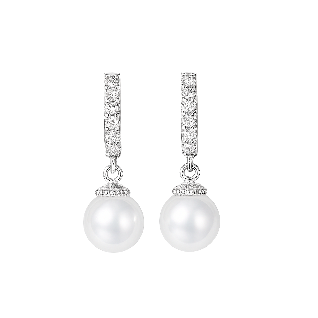 Pearl earrings with diamond accents on a white background