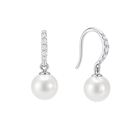 Pearl earrings with silver hooks and clear gemstones on a white background