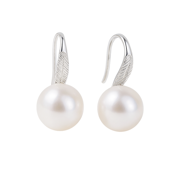 Pearl earrings with silver hooks on a white background