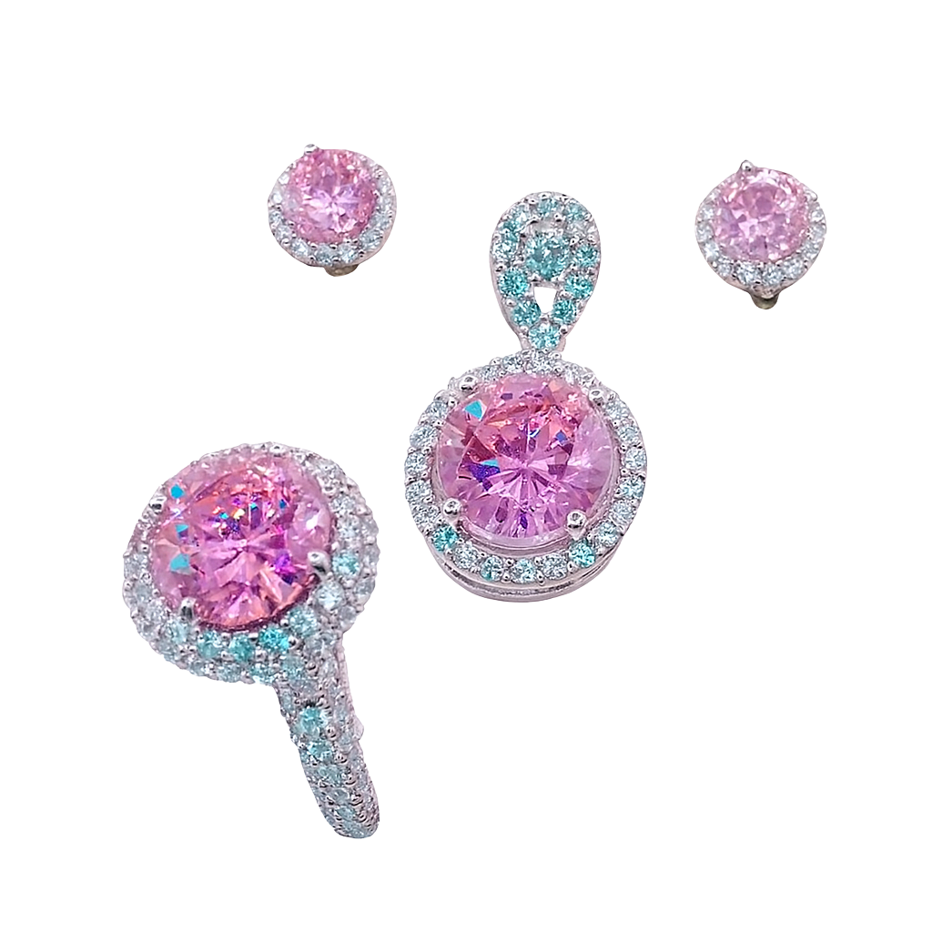 Pink gemstone earrings with silver and blue accents on a white background