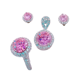 Pink gemstone earrings with silver and blue accents on a white background