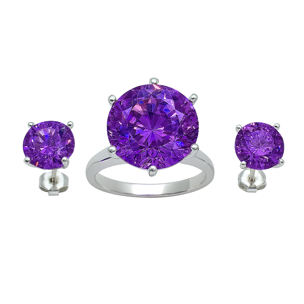 Purple gemstone ring and earrings set on a white background