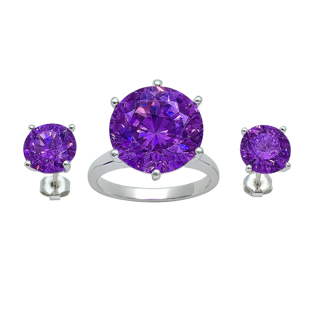 Purple gemstone ring and earrings set on a white background