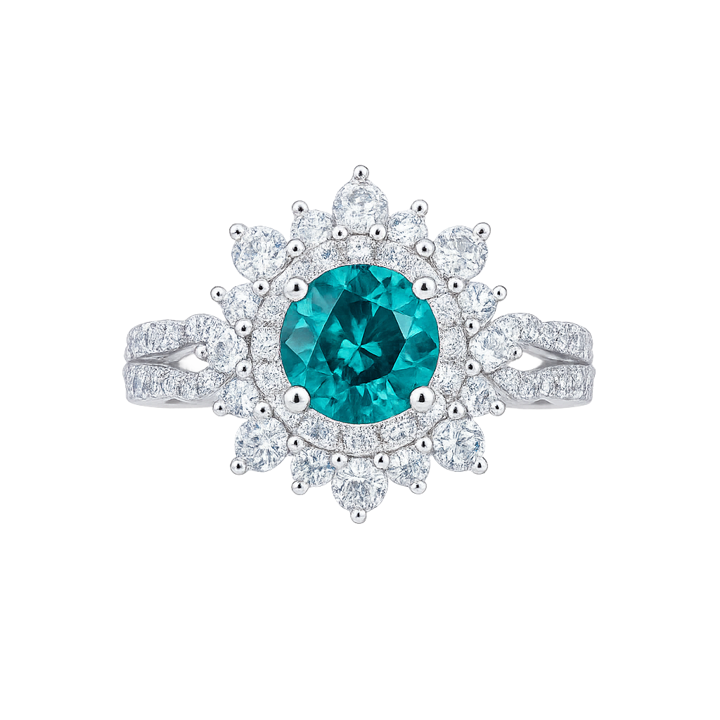 Ring with a central blue gemstone and diamond-studded halo on a white background