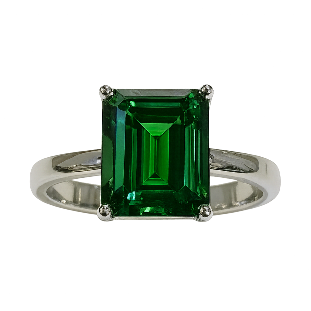 Ring with a green emerald-cut gemstone on a white background