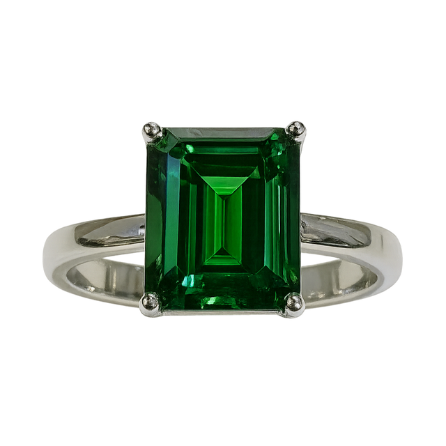 Ring with a green emerald-cut gemstone on a white background