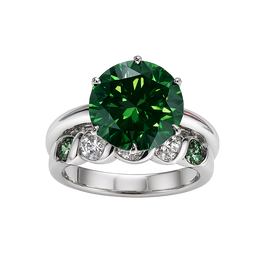 Ring with a green gemstone and smaller green and clear stones on a white background