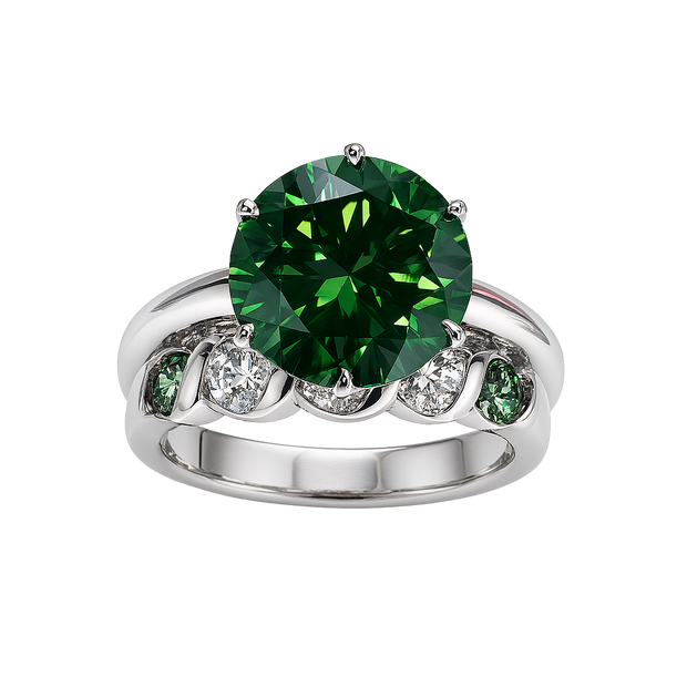 Ring with a green gemstone and smaller green and clear stones on a white background