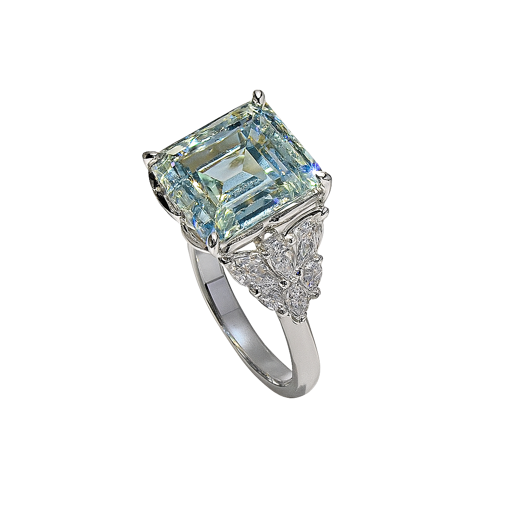 Ring with a large rectangular gemstone on a white background