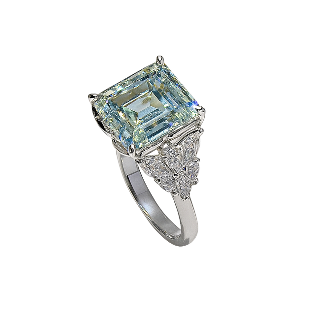 Ring with a large rectangular gemstone on a white background