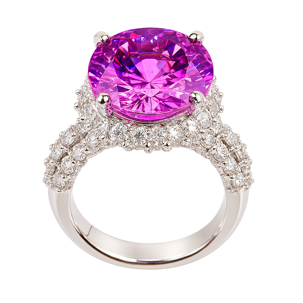 Ring with a pink gemstone and diamond-studded band on a white background