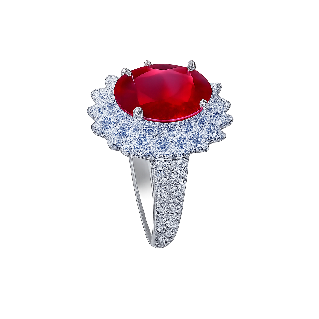 Ring with a red gemstone and diamond-studded band on a white background