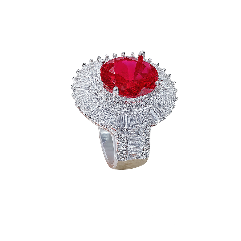 Ring with a red gemstone and diamond-studded band on a white background