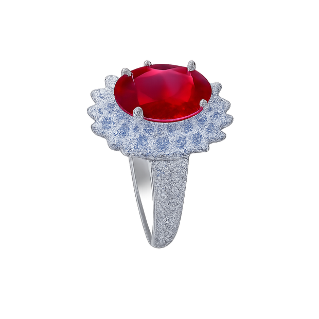 Ring with a red gemstone and diamond-studded band on a white background