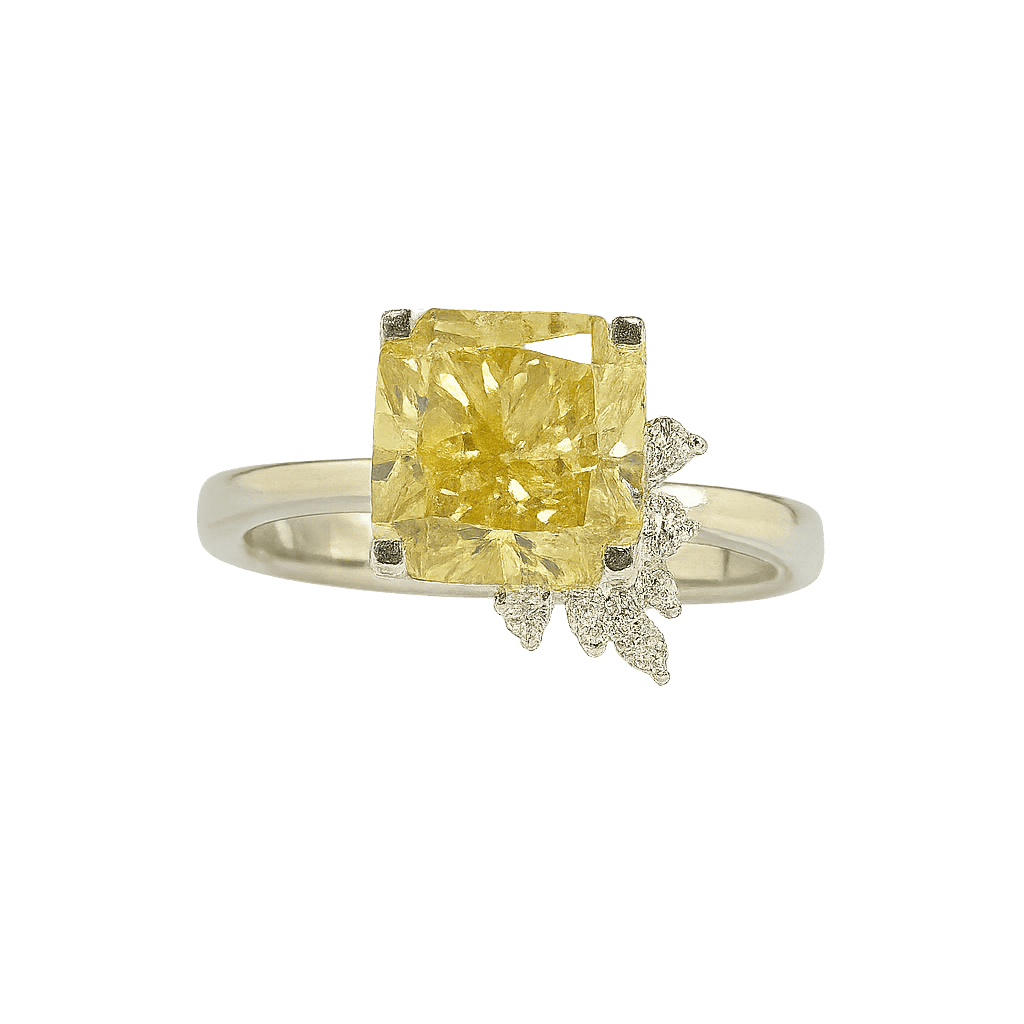 Ring with a yellow gemstone and small diamonds on a green background