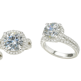 Set of diamond jewelry including rings and earrings on a white background