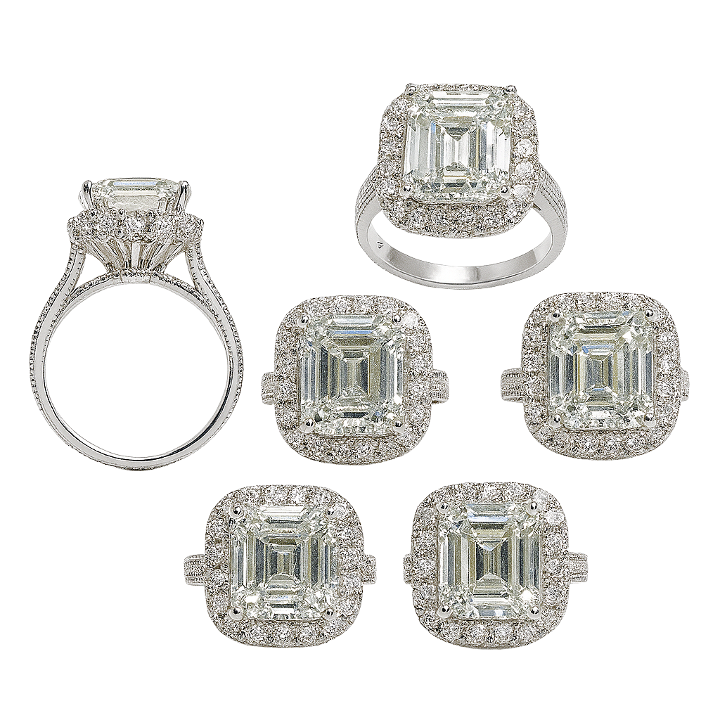 Set of diamond rings with various designs on a white background