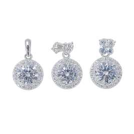 Set of silver earrings with clear gemstones on a white background