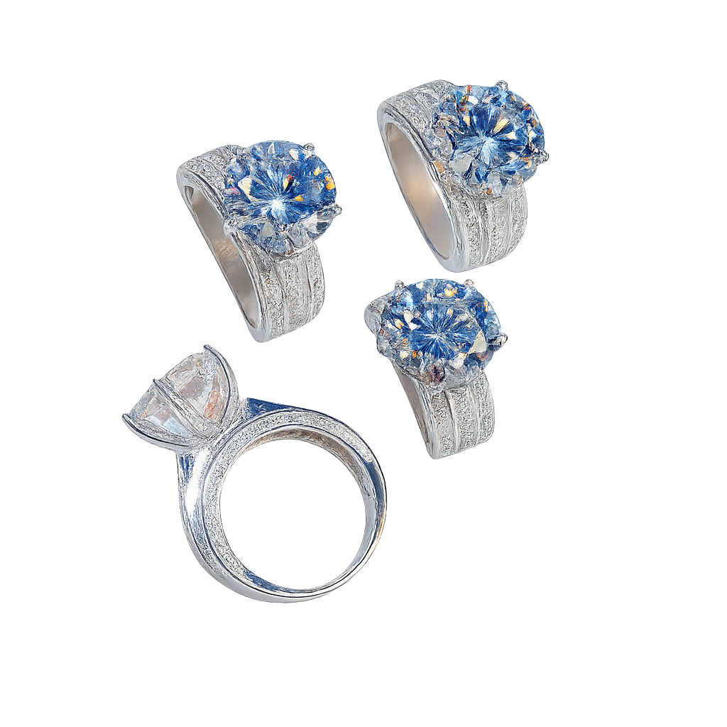 Set of silver rings with blue gemstones on a white background