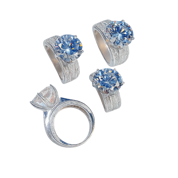 Set of silver rings with blue gemstones on a white background