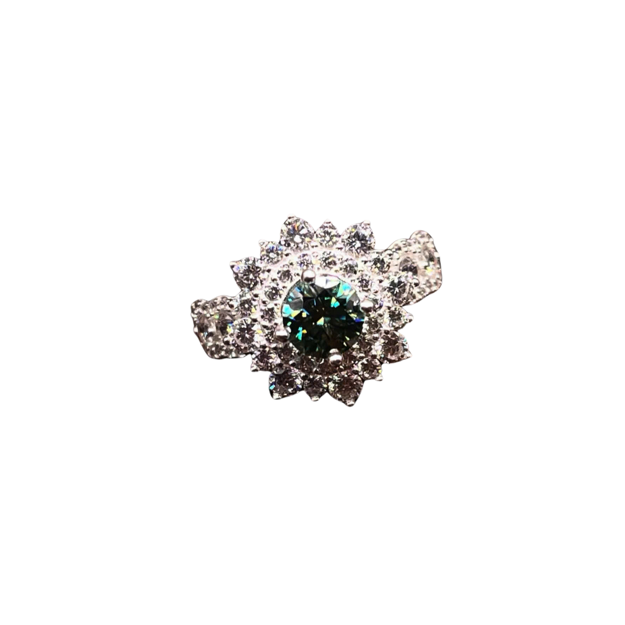Silver brooch with a central green gemstone on a white background