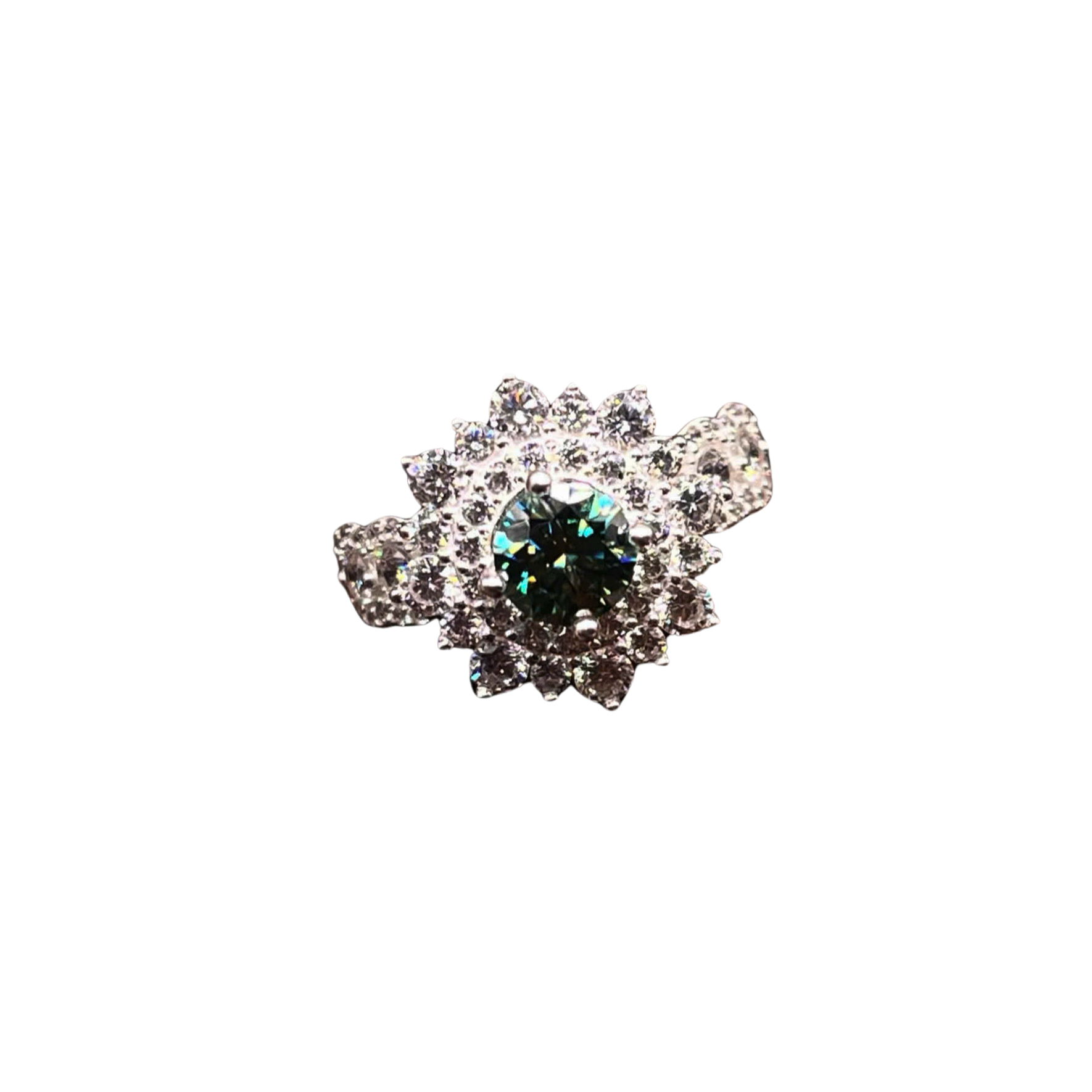 Silver brooch with a central green gemstone on a white background