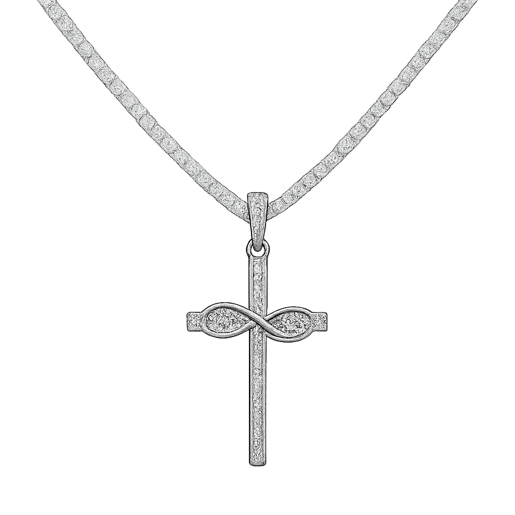 Silver cross pendant necklace with diamonds on a white background